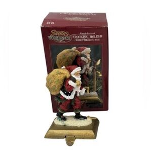 Vintage Santa’s Workbench Hiking Santa Stocking Holder Hand Painted Cast Iron